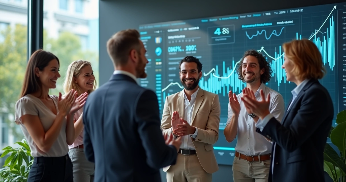 Equipe comemorando resultados positivos com gráficos em ambiente moderno 