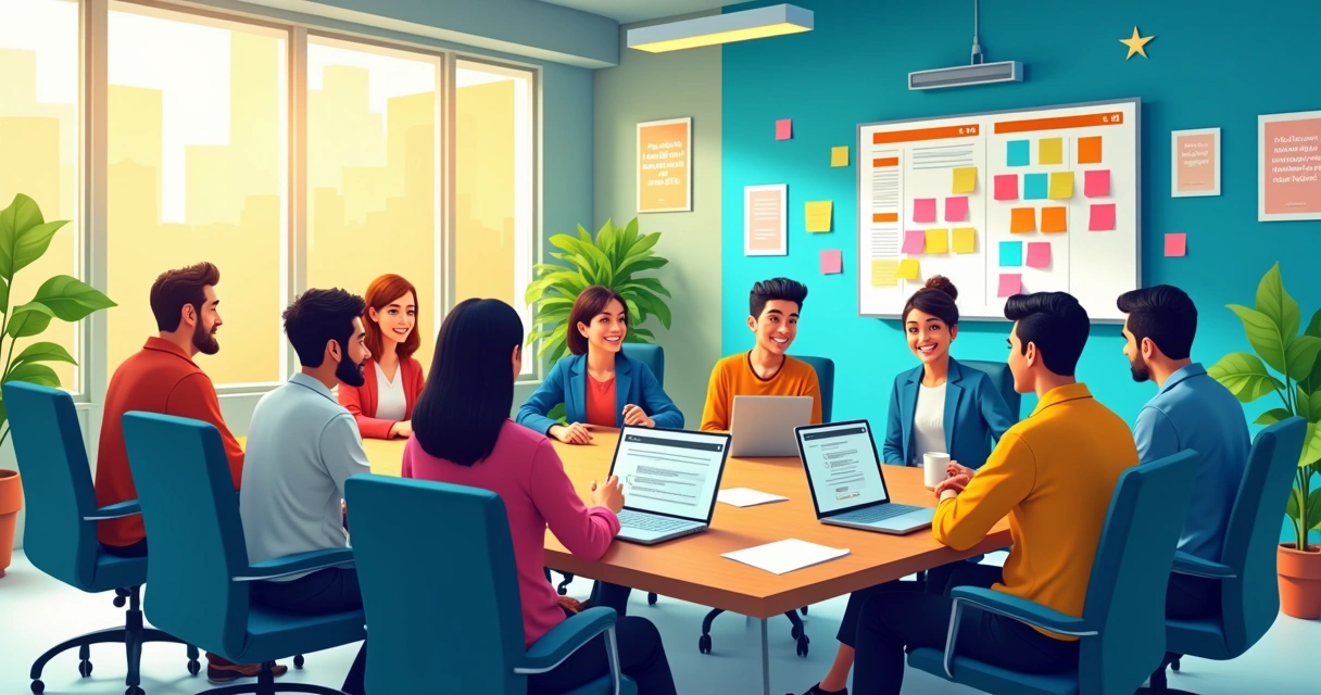 Ilustração de uma equipe diversa discutindo em uma sala moderna com um quadro Scrum ao fundo.