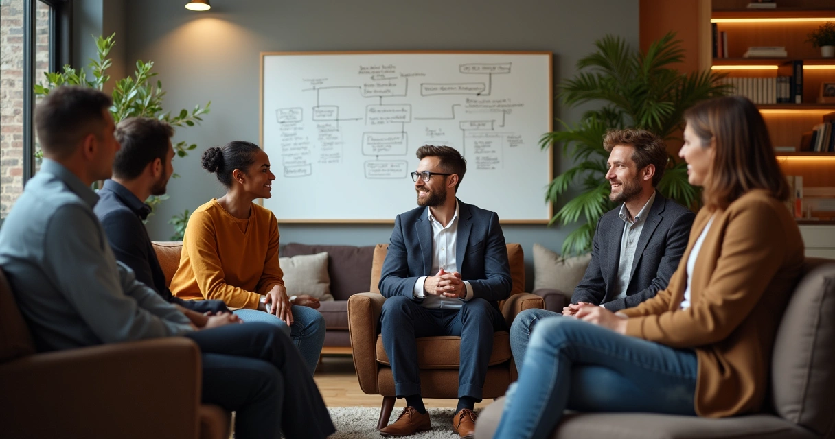 Equipe reunida discutindo comunicação transparente sobre mudanças 