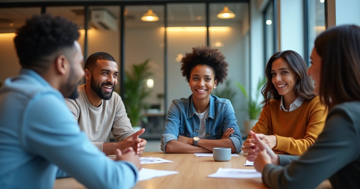 Equipe reunida; pessoas trocando ideias em uma sala, mostrando expressões de atenção e escuta.