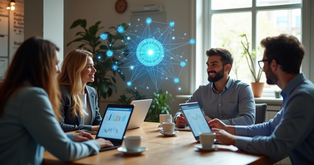 Equipe reunida em torno de uma mesa discutindo dados em laptops 