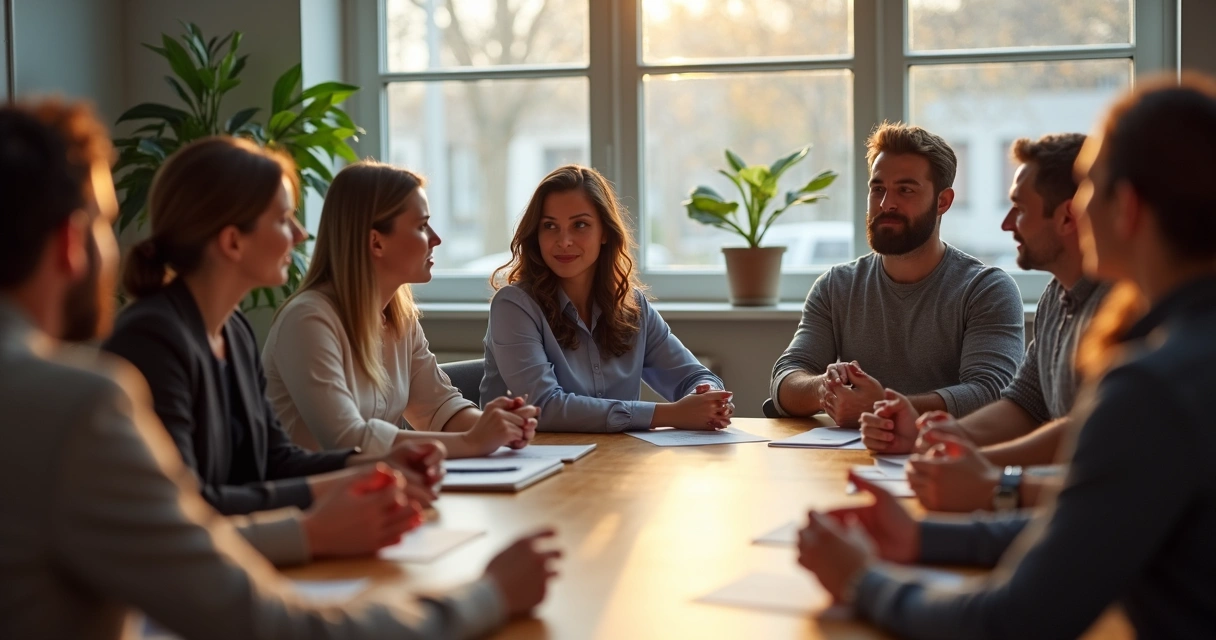 Equipe de trabalho dialogando em círculo, expressando sentimentos de forma aberta. 