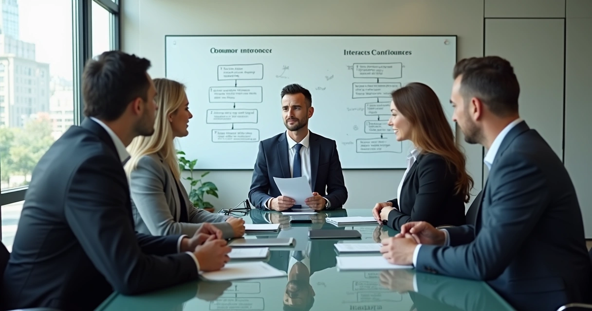 Equipe de atendimento imobiliário reunida em reunião discutindo scripts padronizados. 