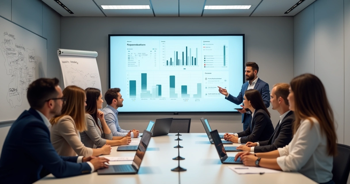 Equipes de condomínio fazendo treinamento de sistema em sala de reunião moderna 