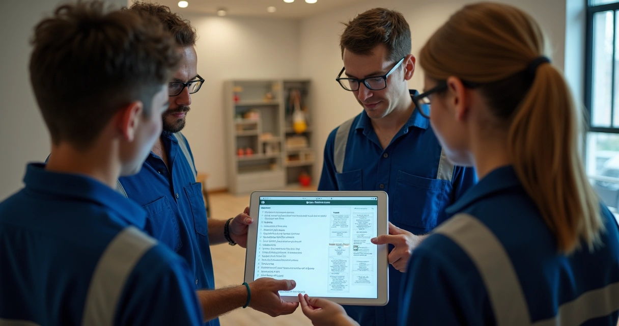 Equipe de condomínio usando checklist digital em tablet 