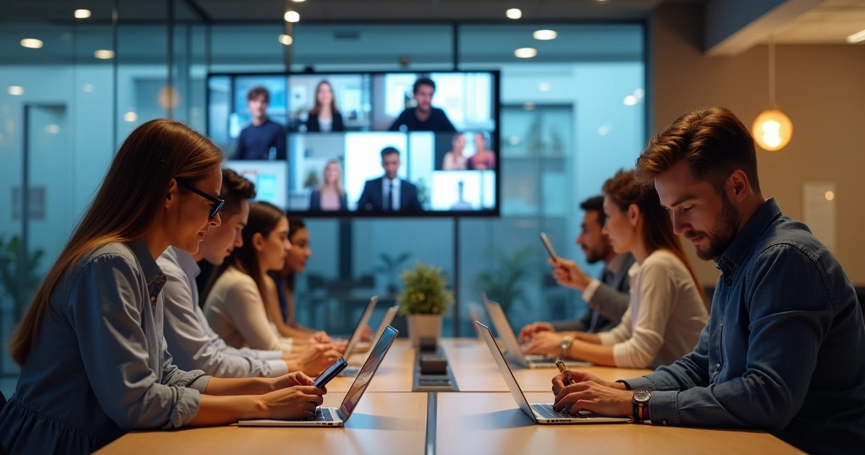 Equipe de trabalho reunida em escritório moderno, interagindo por dispositivos digitais
