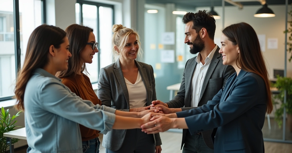Equipe diversa reunida em círculo em escritório moderno com conexão e colaboração 