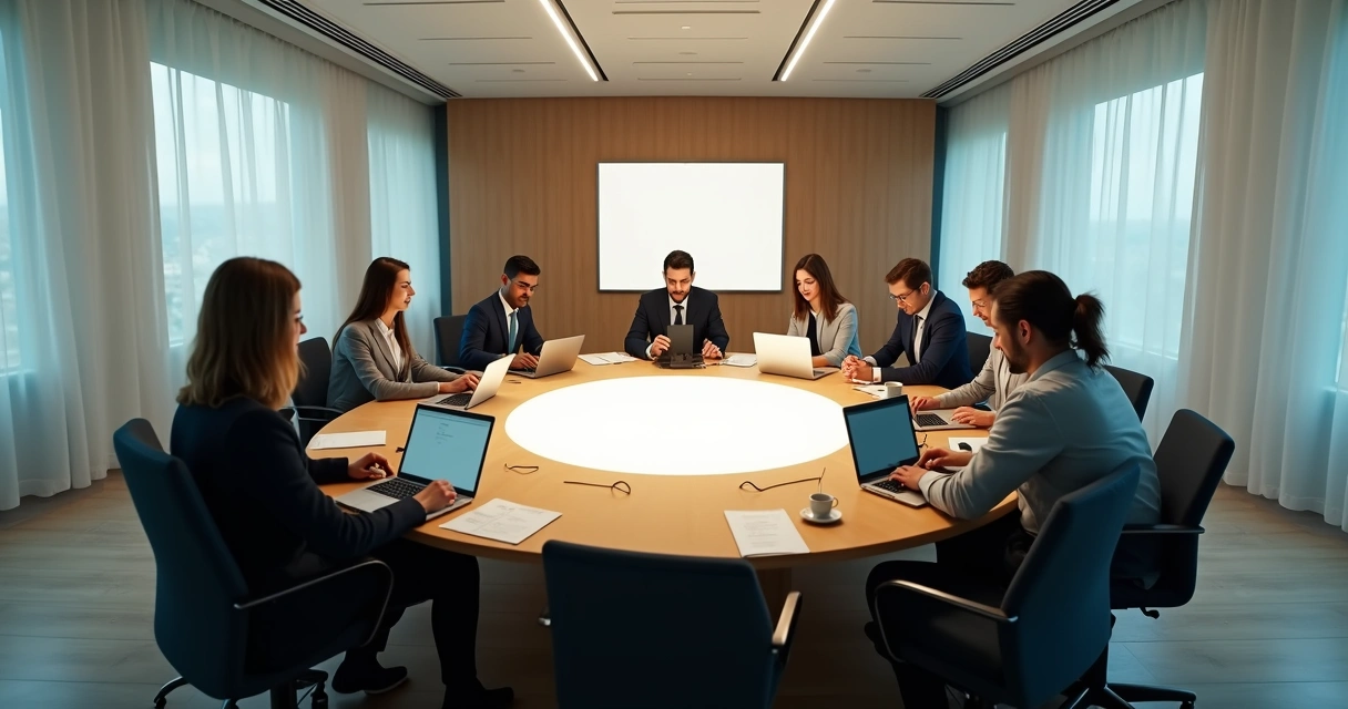 Equipe diversa em mesa redonda com luz central simbolizando consciência coletiva 