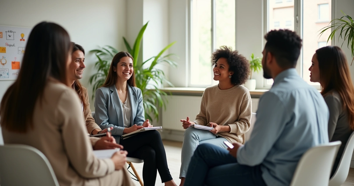 Equipe diversa conectada em roda em ambiente de trabalho moderno 