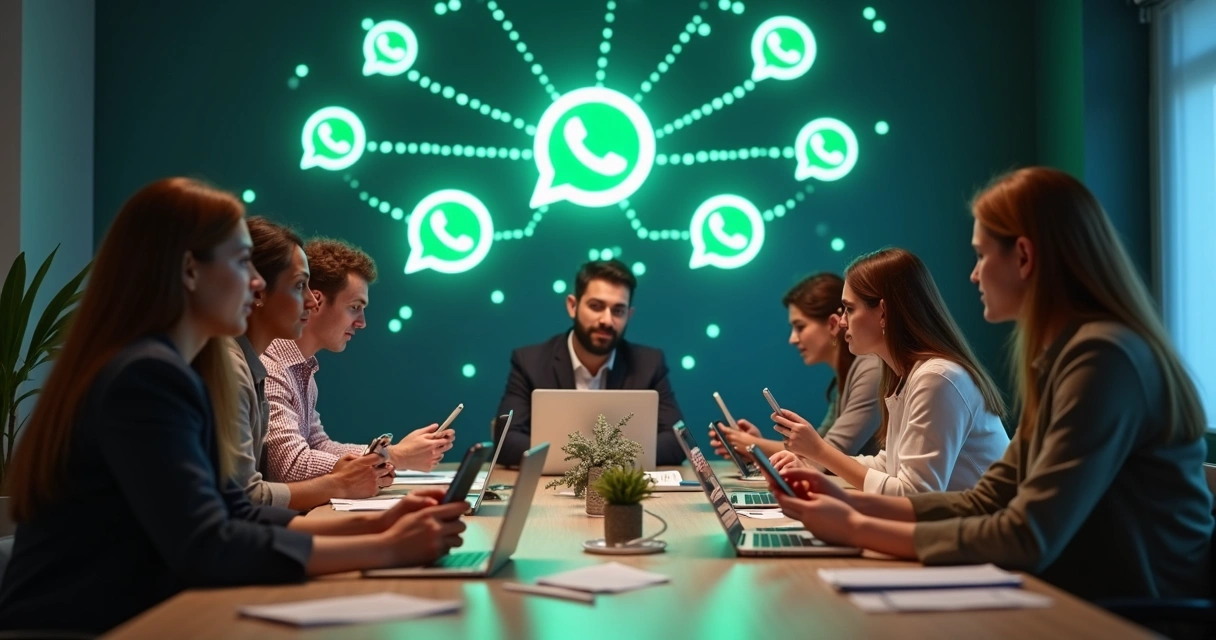 Equipe de vendas e marketing em volta de uma mesa interagindo com celulares e computador, ícones do WhatsApp visíveis na parede 