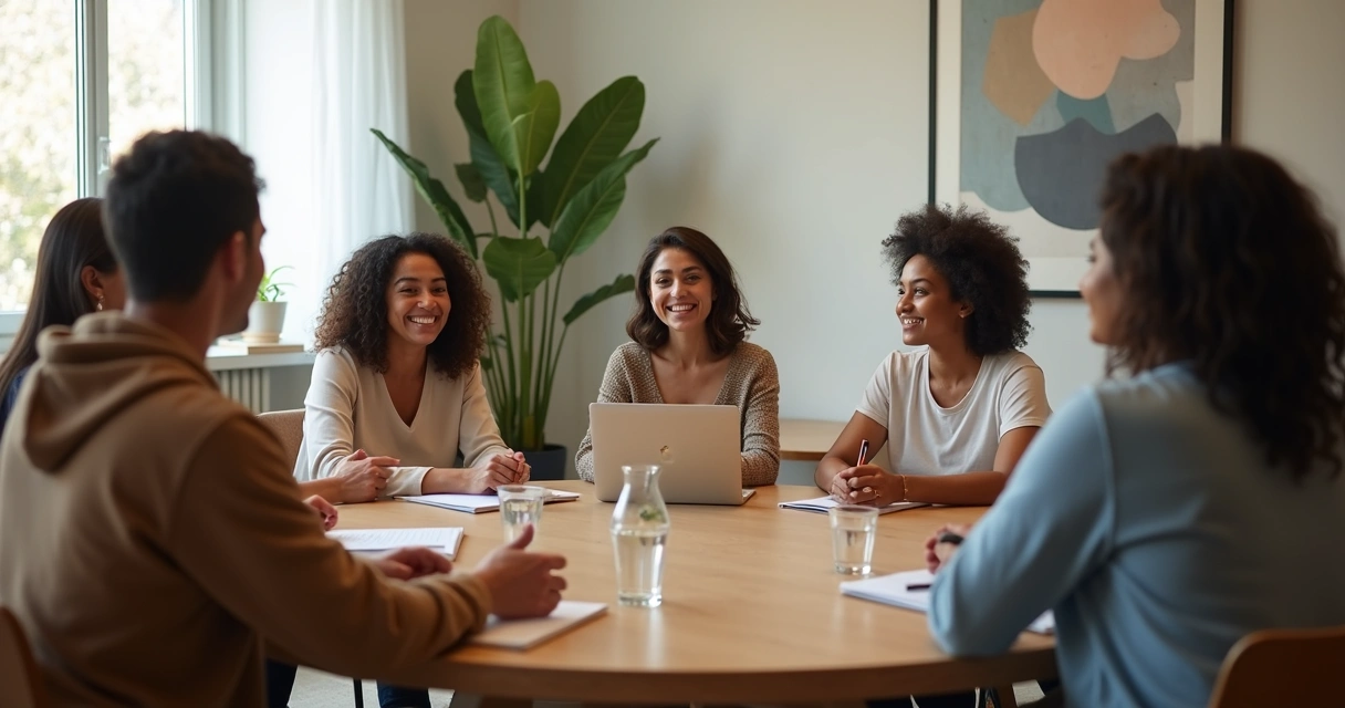 Grupo de trabalho em círculo trocando ideias em ambiente claro e acolhedor 