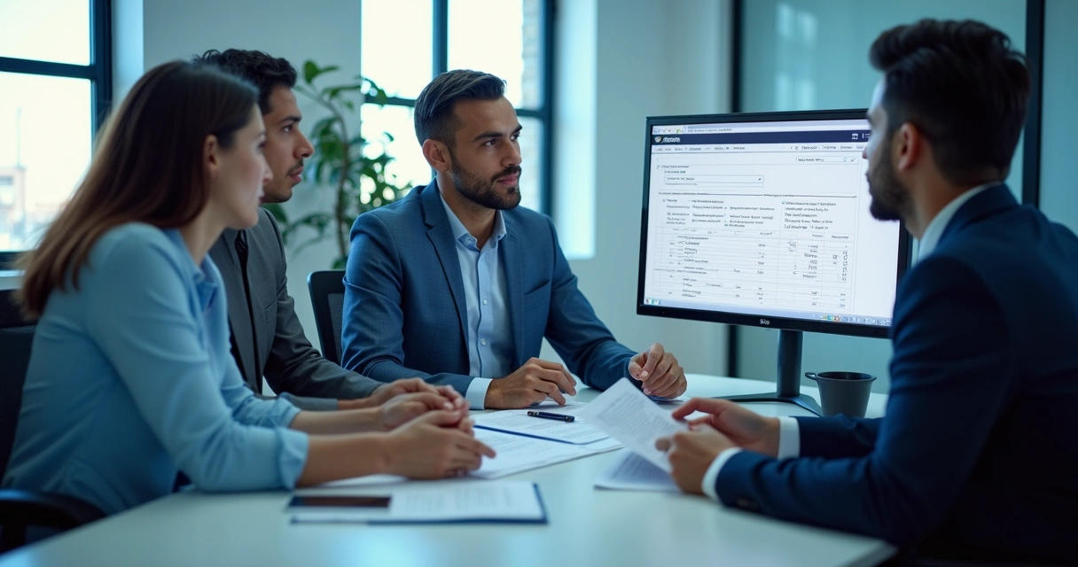 Equipe revisando dados fiscais em escritório 