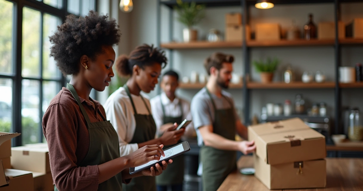 Equipe de restaurante conferindo entrega e anotando em tablet 