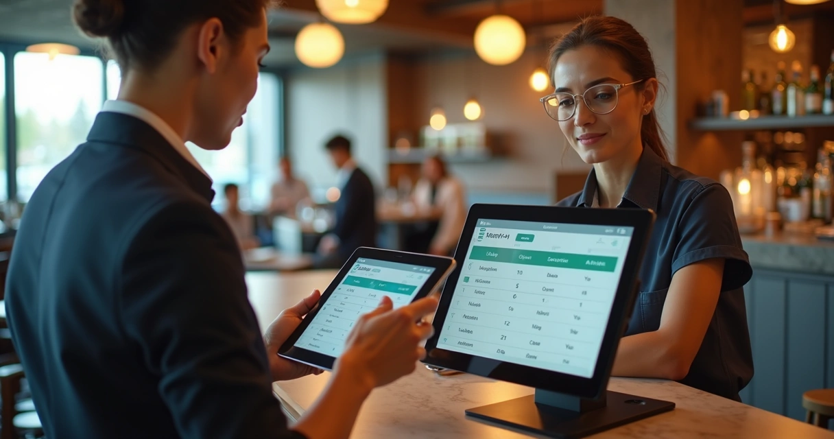 Equipe conferindo reservas e PDV em restaurante
