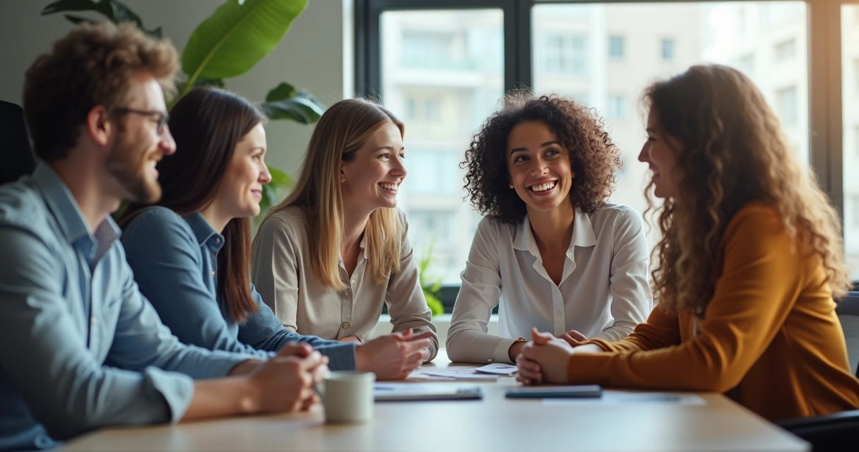 Equipe corporativa reunida em mesa oval, sorriso leve, clima de confiança com o líder. 