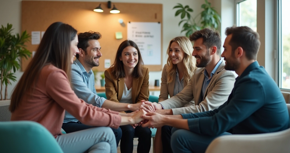 Equipe diversa sentada em círculo em reunião informal fazendo gesto de união das mãos 