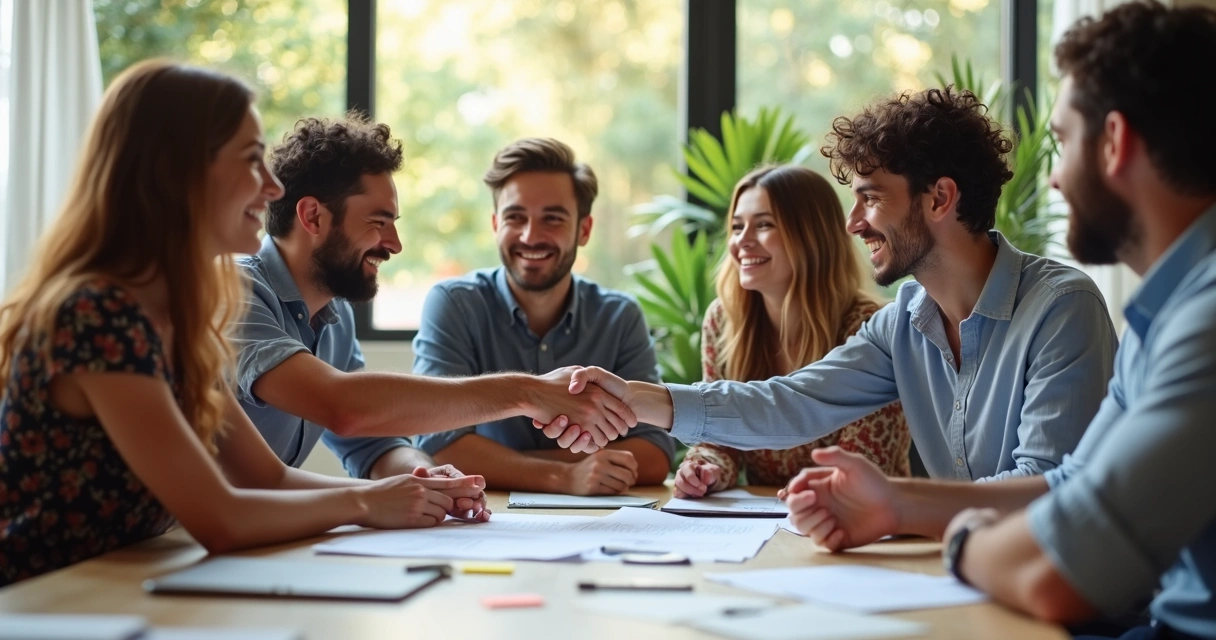 Equipe de trabalho confiante e em colaboração alegre