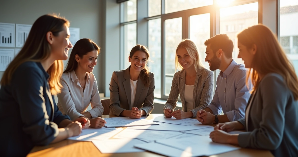 Equipe de trabalho unida ao redor de uma mesa sorrindo 