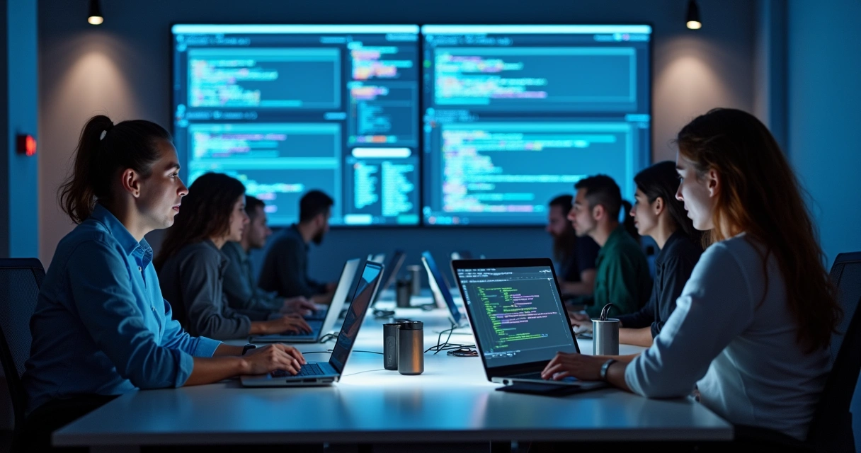 Equipe de tecnologia configurando IDE em computadores 