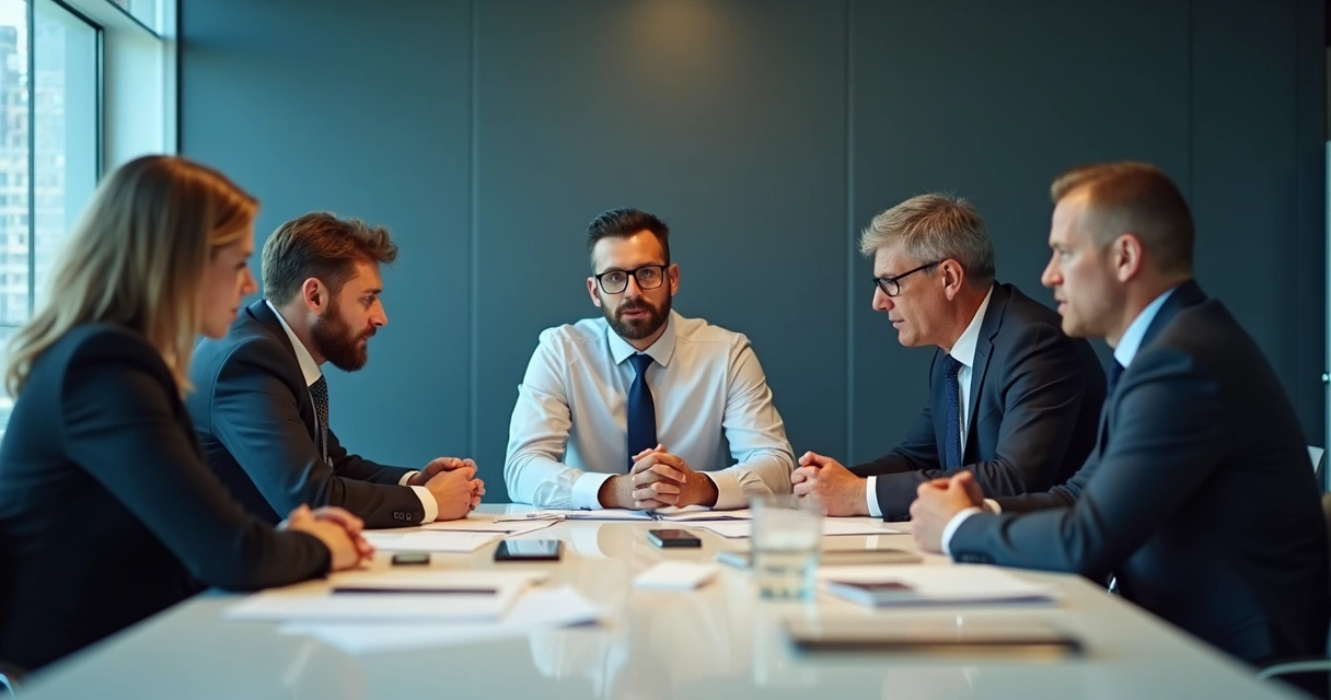 Equipe em reunião com expressões tensas, clima negativo 