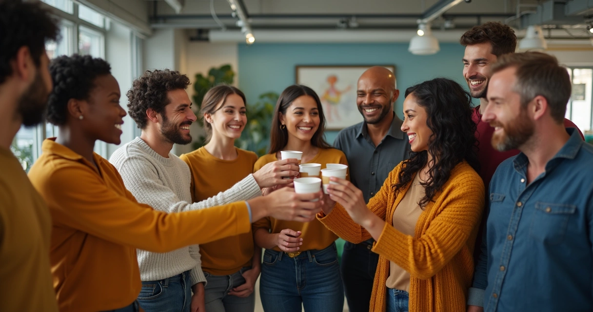 Equipe de trabalho celebrando juntos em clima descontraído 
