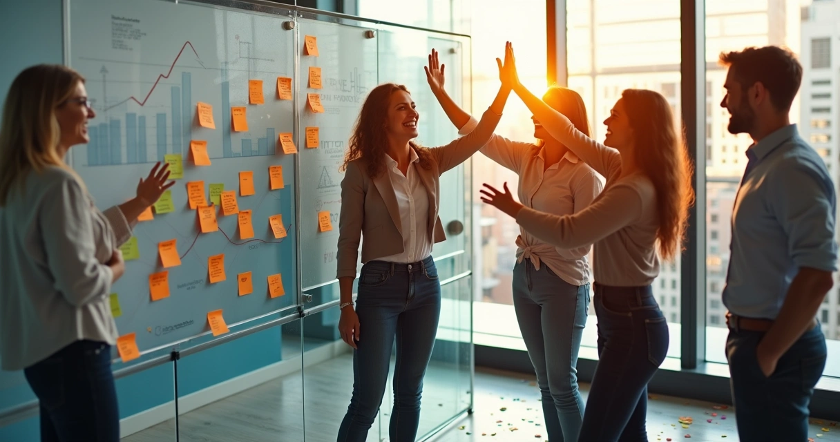 Equipe corporativa comemorando conquistas e metas 