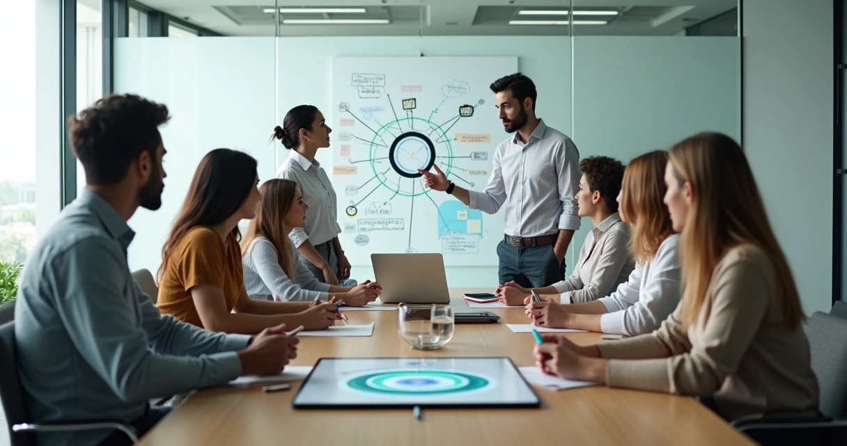 Equipe diversa em reunião colaborativa ao redor de mesa em escritório moderno 