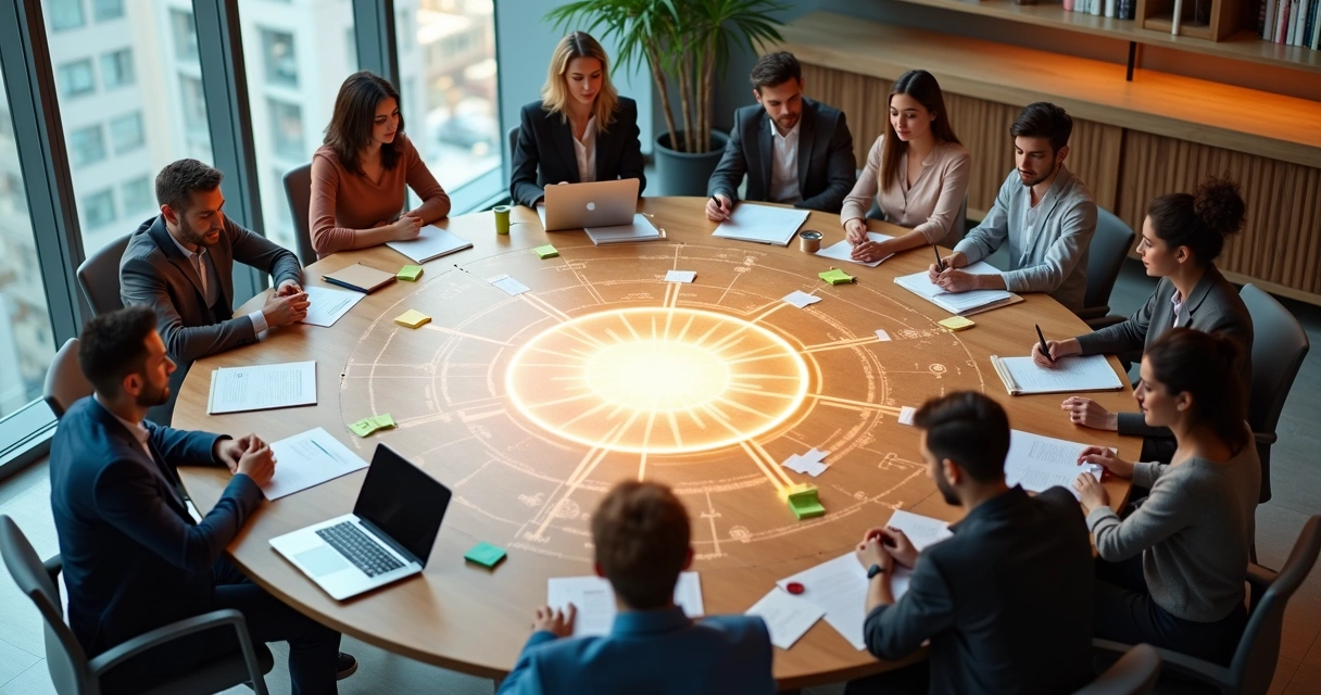 Equipe diversa em reunião colaborativa em torno de mesa redonda vista de cima 
