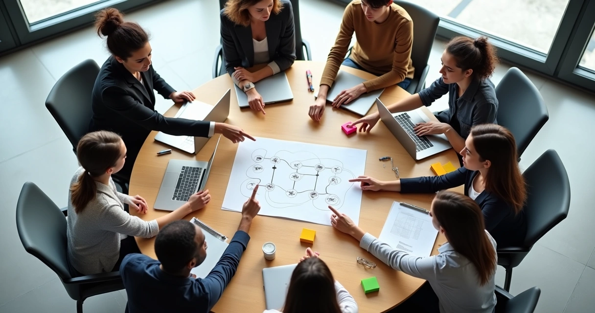Equipe diversa em reunião em torno de mesa redonda vista de cima 