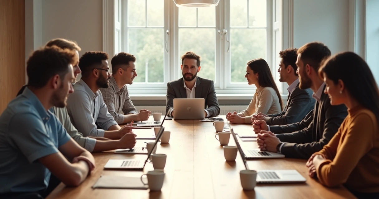 Equipe em reunião com foco e atenção direcionados ao colega que fala 