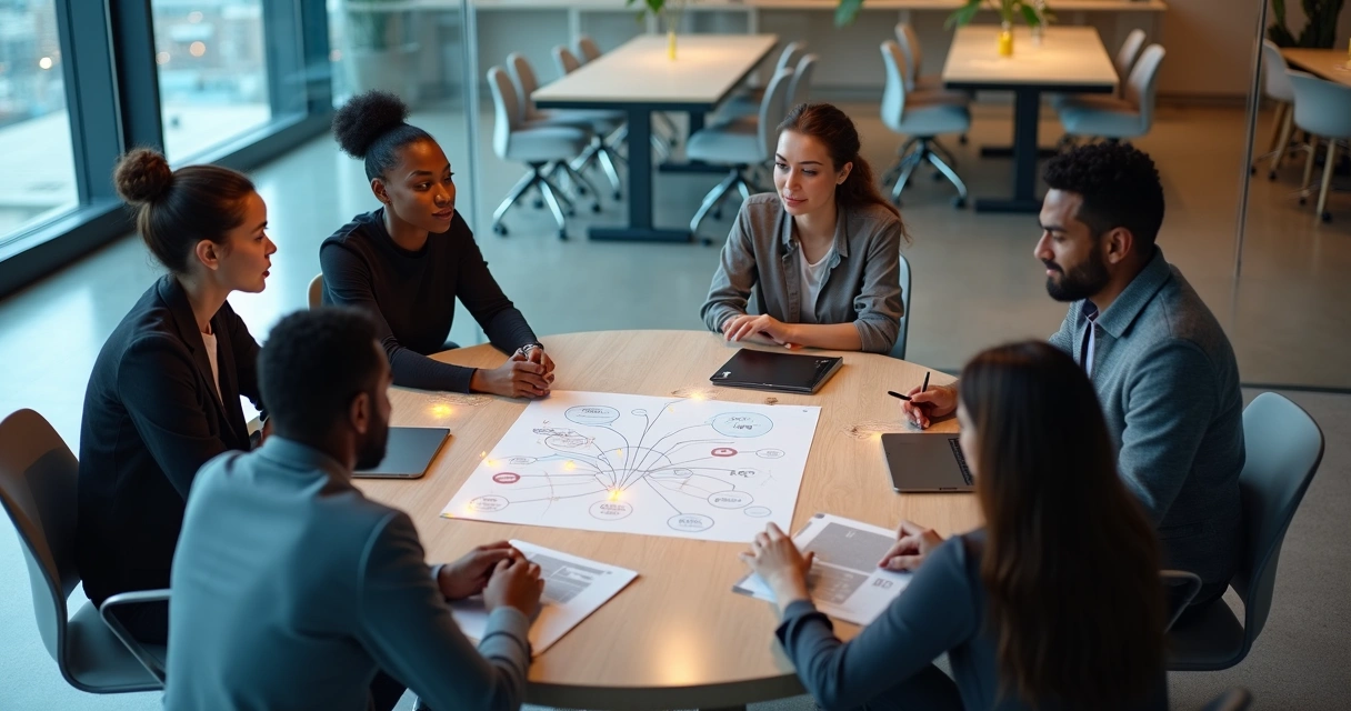 Equipe em reunião circular com conexões sistêmicas iluminadas ao redor 