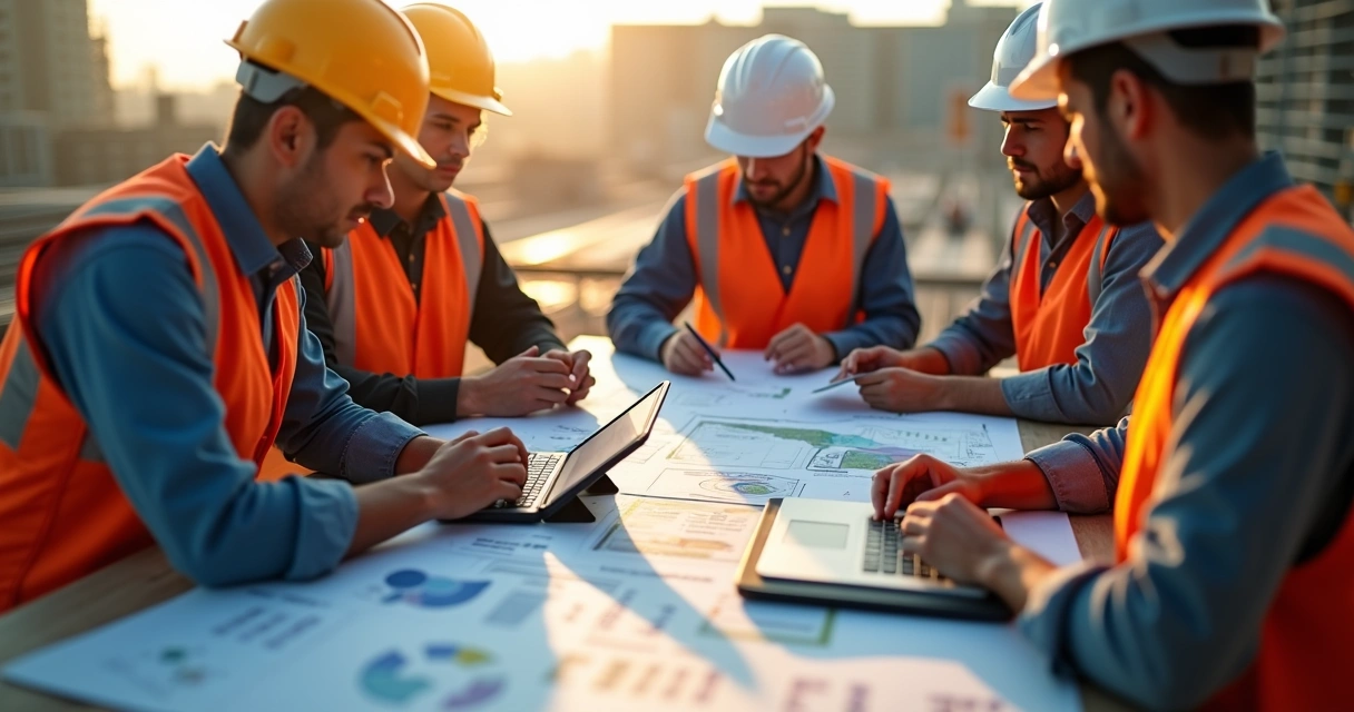 Equipe multidisciplinar analisando dados digitais em canteiro de obras