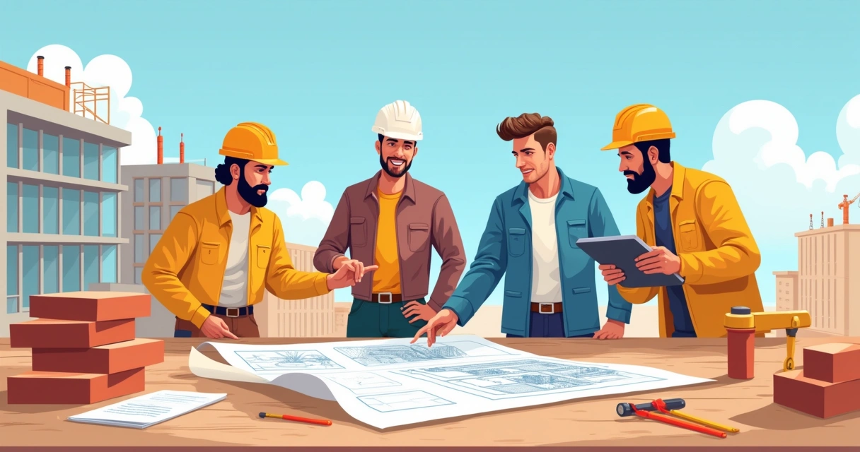 Equipe de construção colaborando em um projeto em um canteiro de obras com um edifício moderno ao fundo.