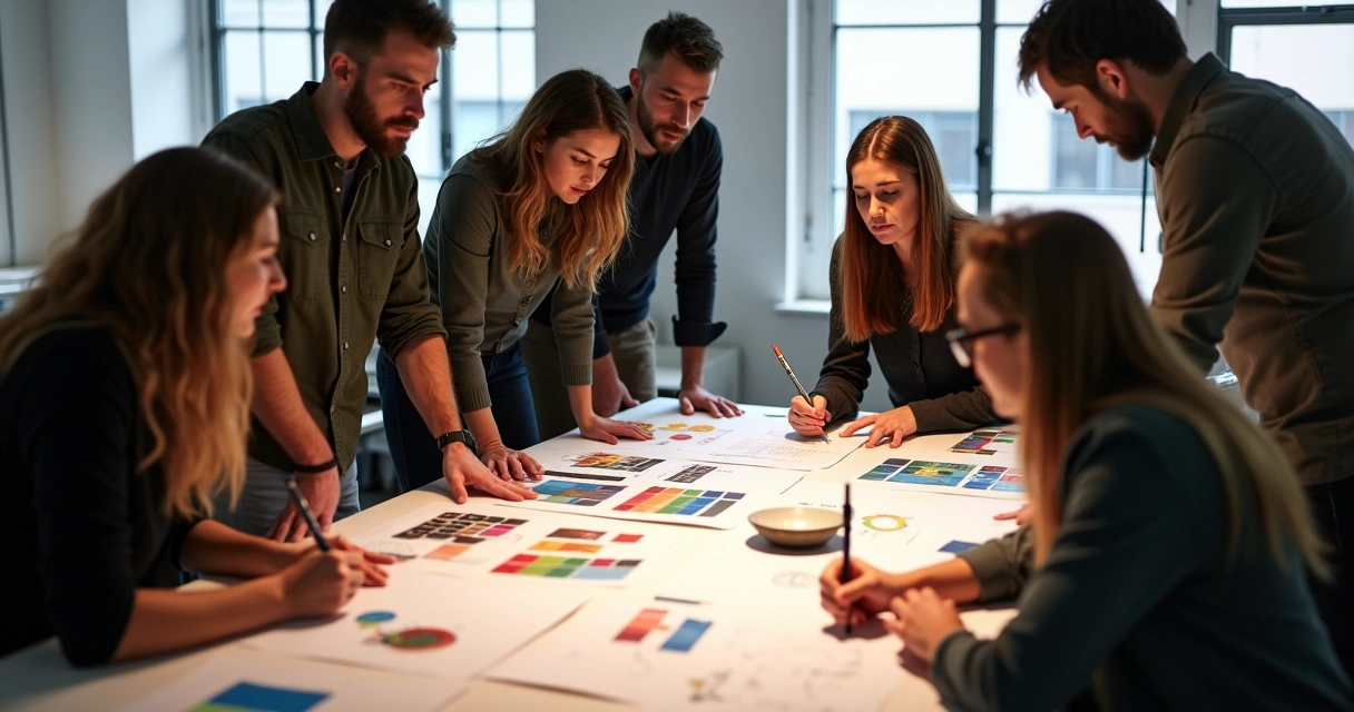 Equipe de designers colaborando em projeto de identidade visual