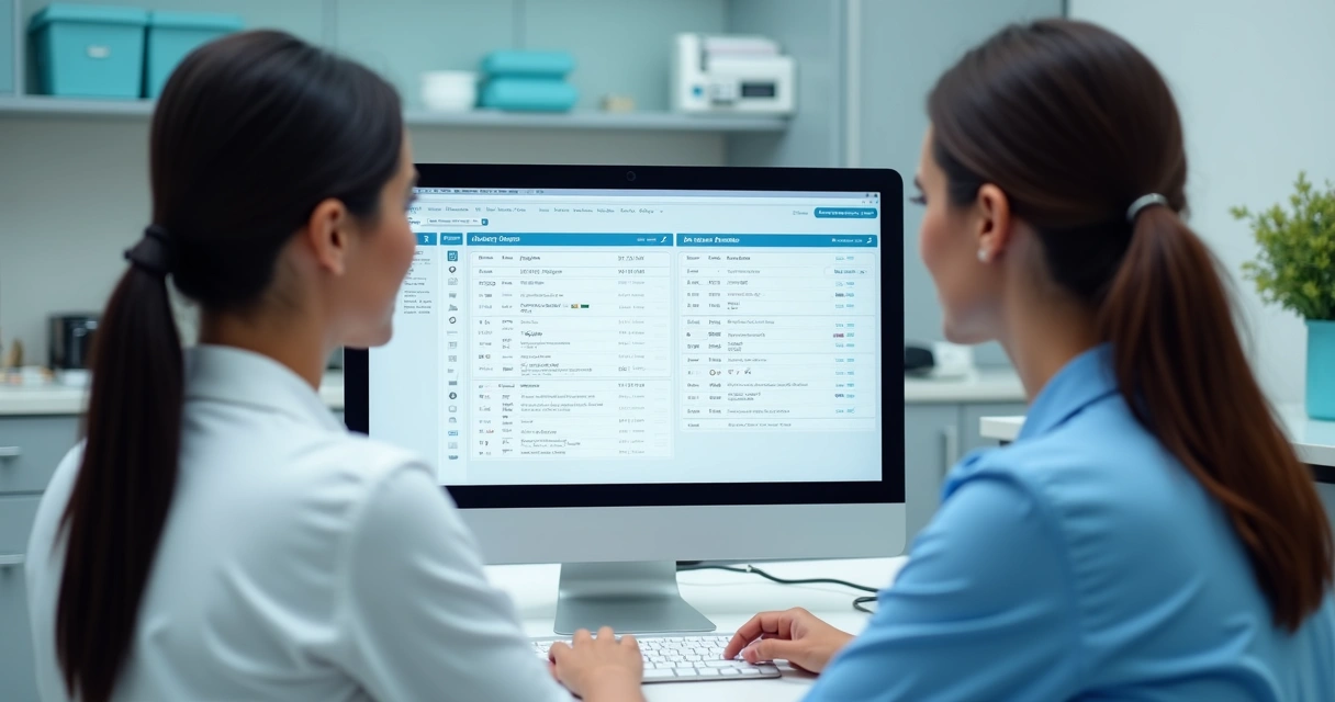 Equipe de clínica odontológica usando software em computador 