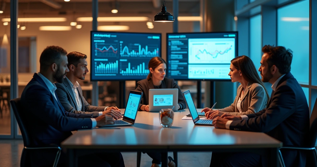 Equipe reunida analisando painel digital de dados de vendas 