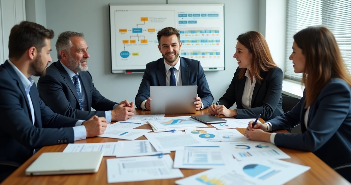 Equipe de consultores analisando papéis e dados em reunião empresarial 