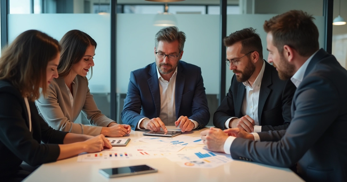 Equipe de consultores em reunião com gestor de RH ao fundo de mesa moderna, analisando gráficos e dados em tablets e blocos de papel 