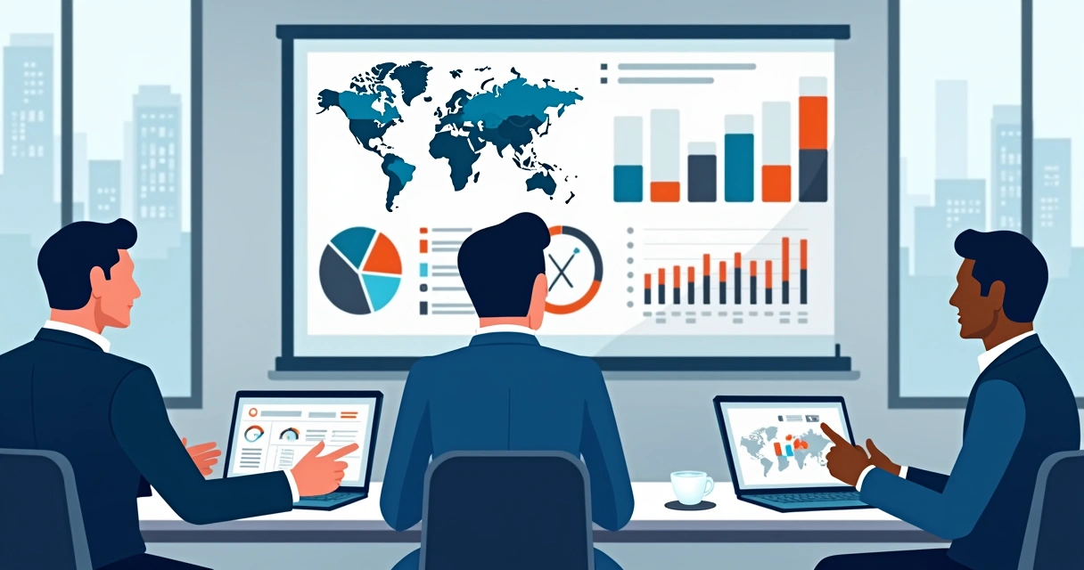 Consultores analisando relatórios de viagens corporativas em sala de reuniões 