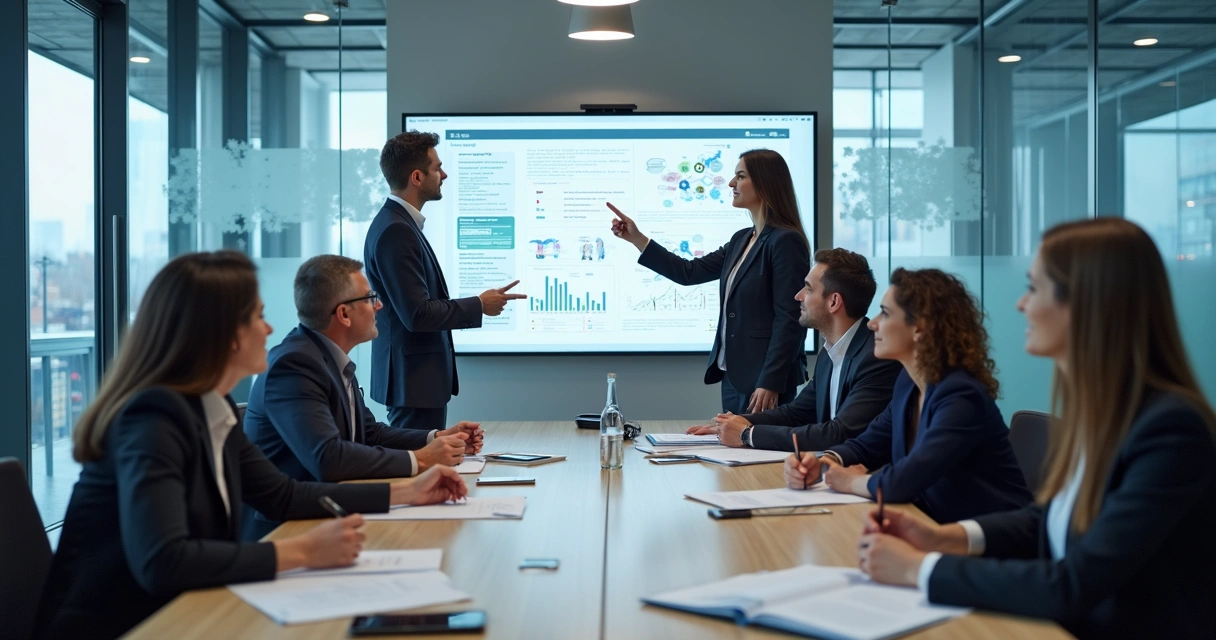Equipe de consultoria em reunião discutindo automação IA 