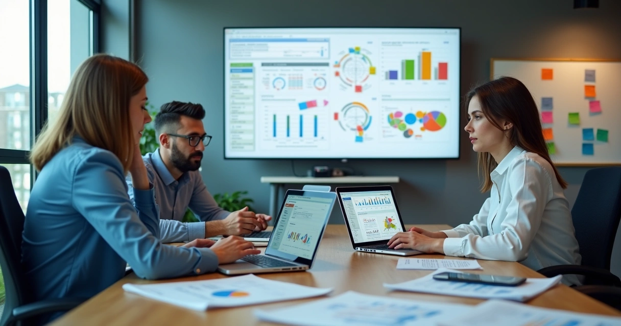 Consultores de dados analisando informações em notebooks durante reunião em sala corporativa moderna. 
