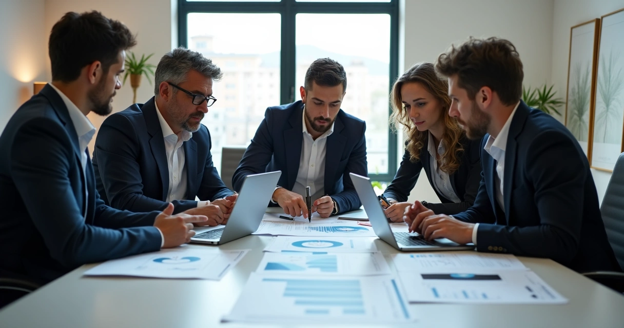 Equipe de consultores empresariais reunida ao redor de uma mesa analisando gráficos e dados 