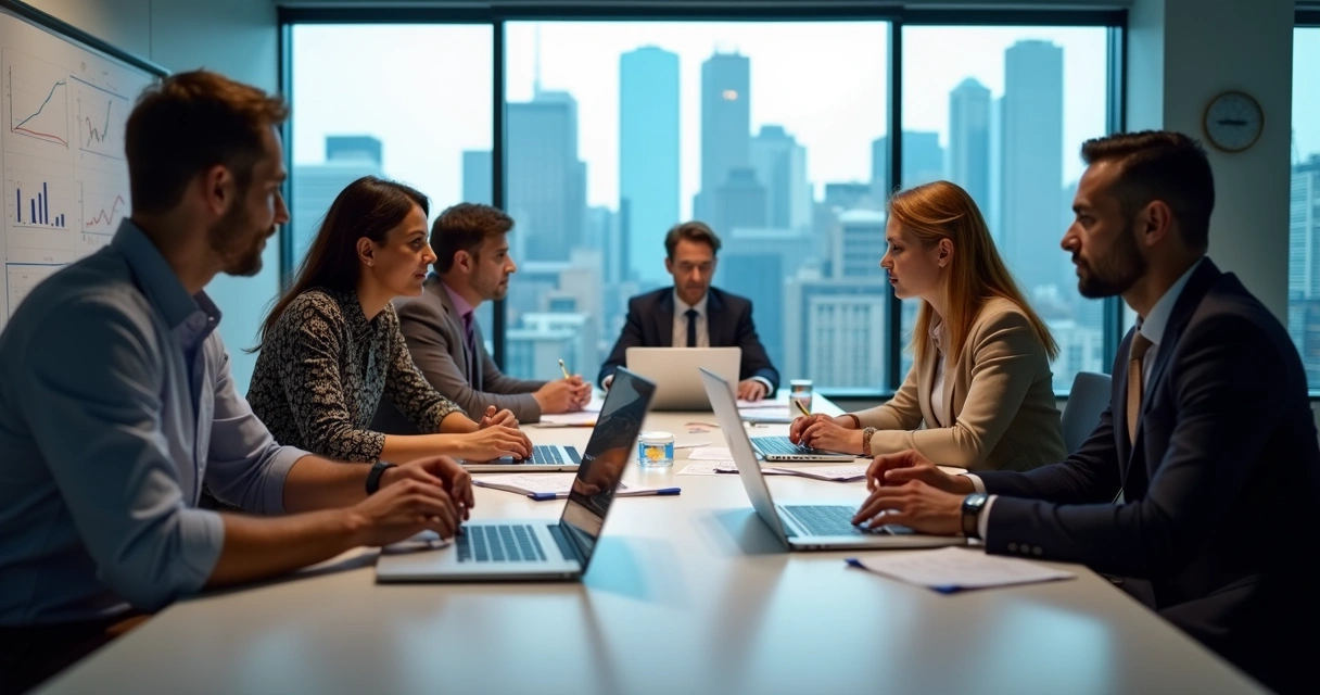 Equipe de consultores financeiros reunida em mesa de trabalho organizada 
