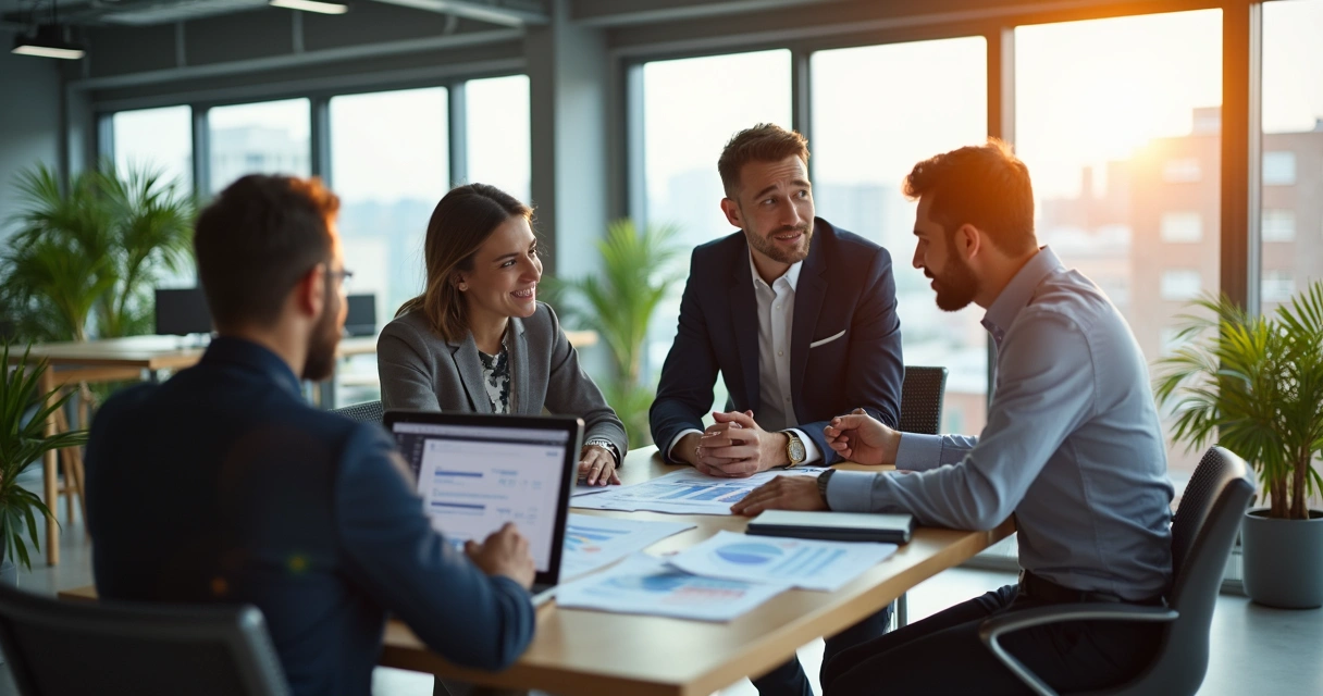 Grupo de consultores financeiros reunidos em escritório moderno, apresentando soluções a gestores empresariais 