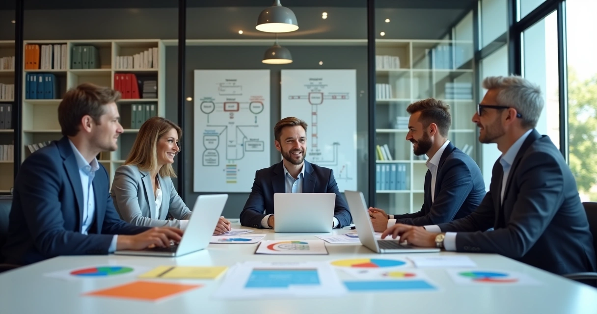 Equipe multidisciplinar de consultores reunida em escritório, analisando documentos e gráficos de franquia 