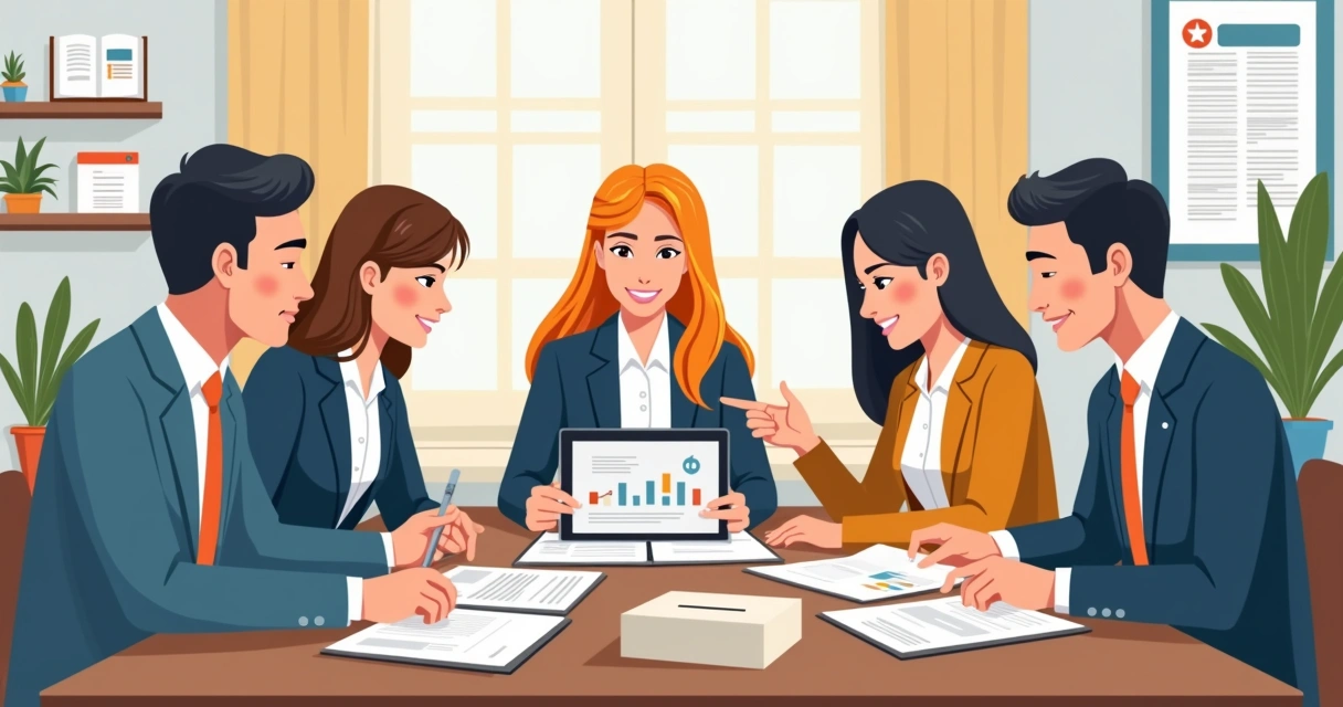 Equipe de consultoria eleitoral analisando legislação e estratégias de comunicação com tablet, documentos e símbolos de eleições