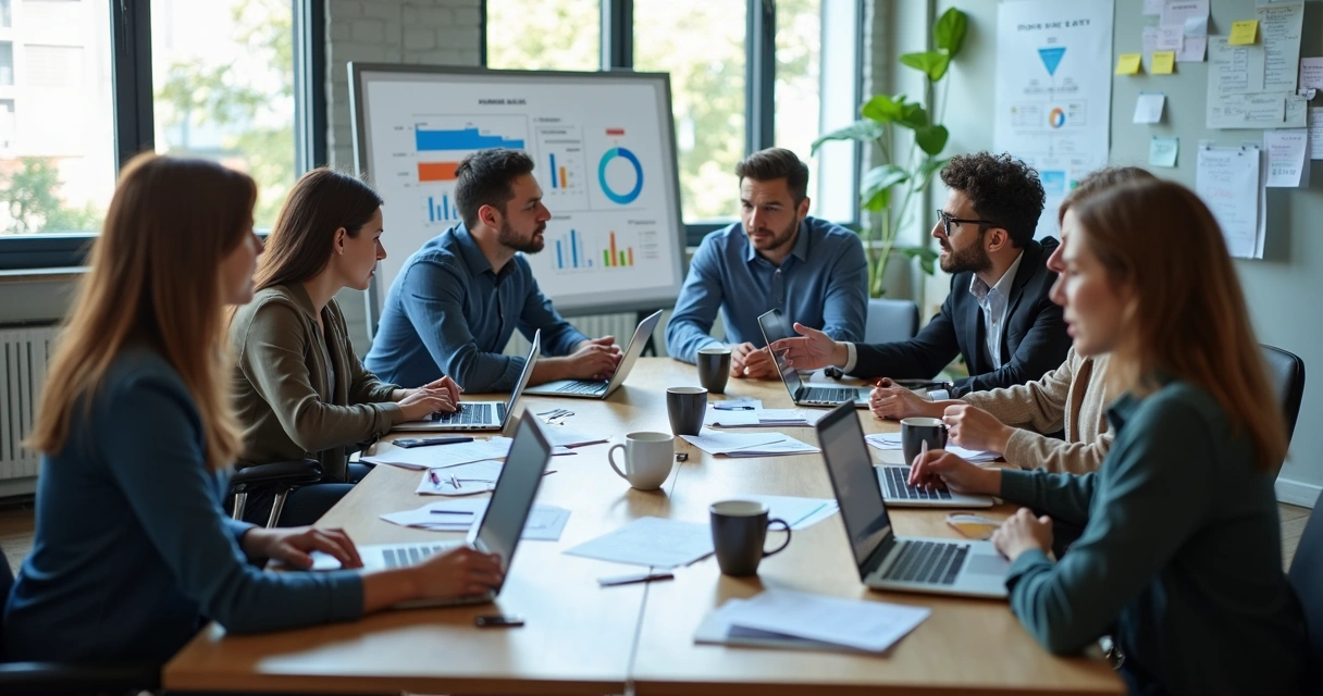 Equipe de consultoria Power BI reunida em mesa de trabalho analisando dashboards em notebooks 
