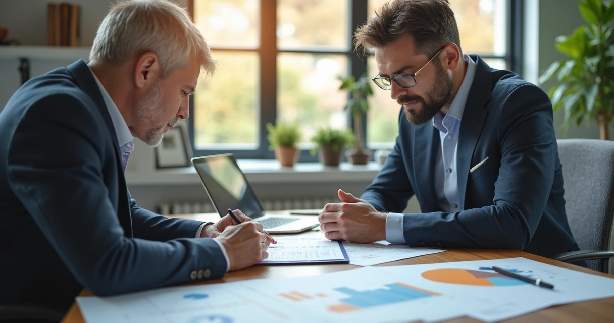 Consultor orientando empresário sobre apólice empresarial 