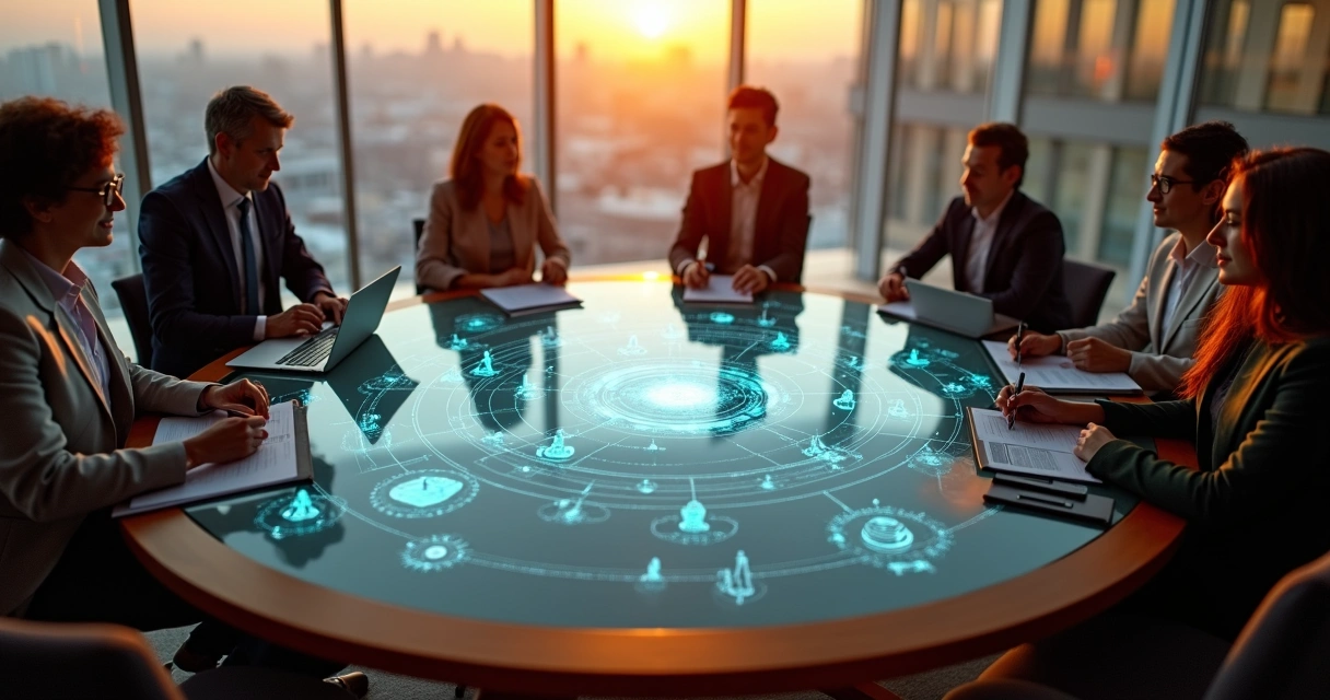 Equipe em reunião estratégica ao redor de mesa redonda com símbolos conectando pessoas e processos 