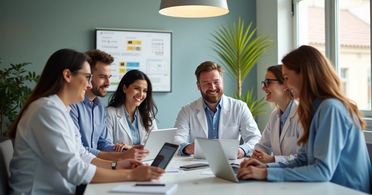 Equipe de consultório usando computadores e sorrindo, mostrando integração com ferramentas digitais. 